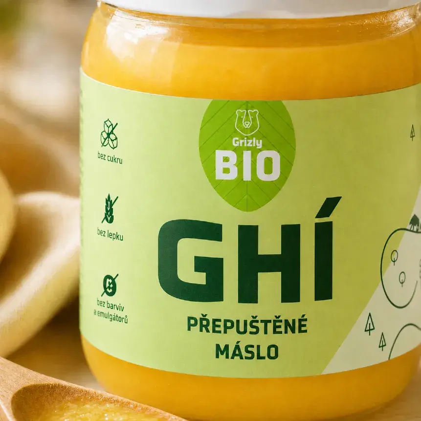 Detail obalu přepuštěného másla GRIZLY Ghí s označením BIO