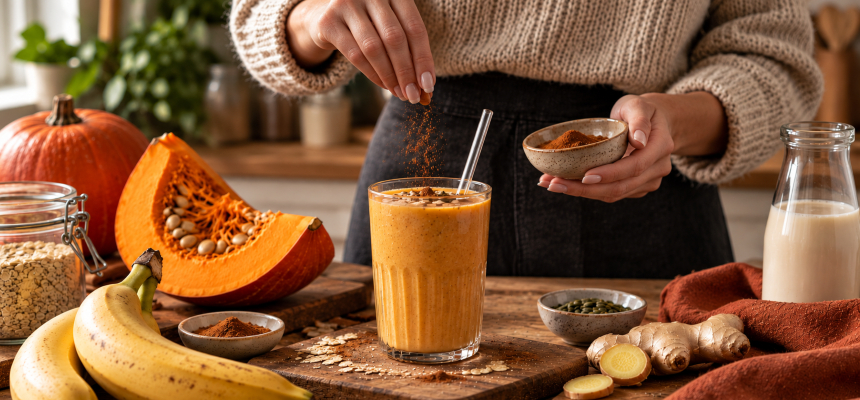 Příprava dýňového smoothie v kuchyni