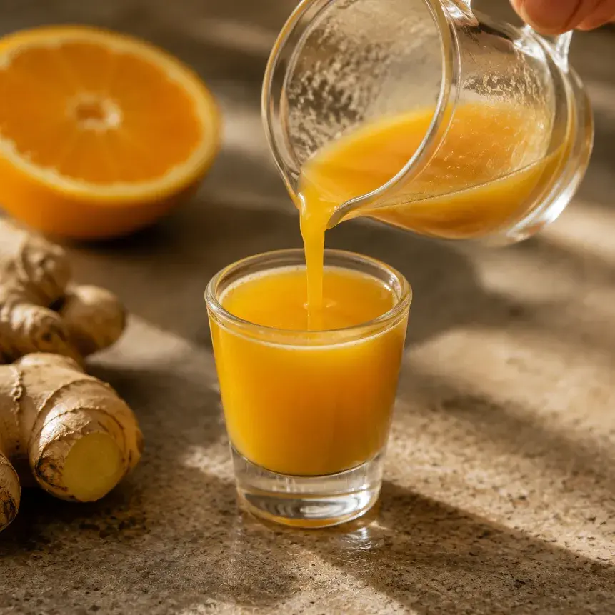 Nalévání hotového ginger shotu do malé skleničky