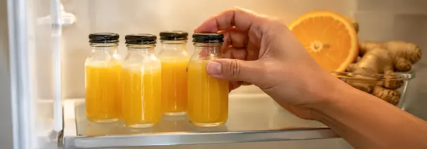 Domácí ginger shoty připravené v malých lahvičkách v lednici