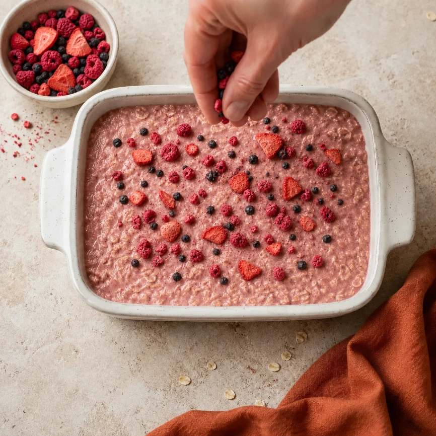 Příprava ovocných baked oats s lyofilizovanými jahodami, malinami a borůvkami
