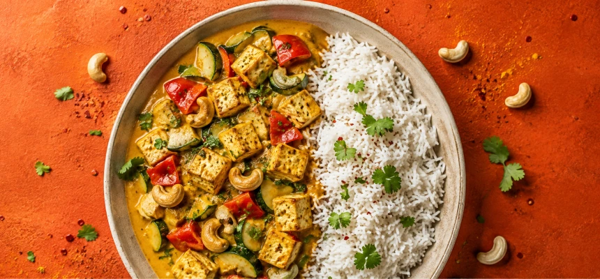 Slaný plant-based pokrm s rýží, zeleninou a bylinkami