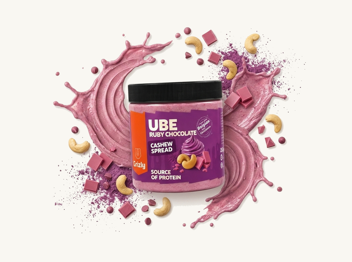 Detail GRIZLY Kešu krém UBE & Ruby Chocolate