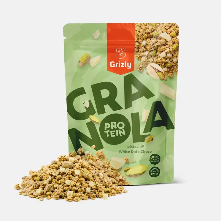 Granola s proteinem pistácie a bílá datlová čoko