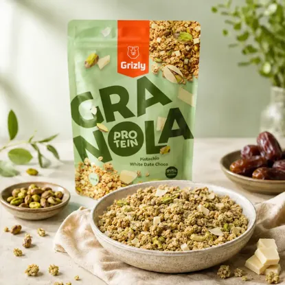 Granola s proteinem pistácie a bílá datlová čoko