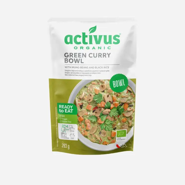 Green Curry Bowl se zeleným kari kořením, fazolemi mungo a černou rýží BIO